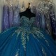 Off The Shoulder Blue Shiny Ball Gown Quinceanera Dresses Appliques Lace Beaded Sweet 16 Birthday Party Gowns