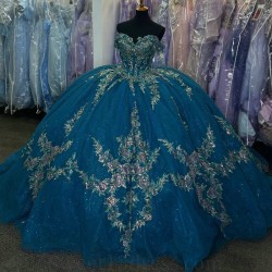 Off The Shoulder Blue Shiny Ball Gown Quinceanera Dresses Appliques Lace Beaded Sweet 16 Birthday Party Gowns