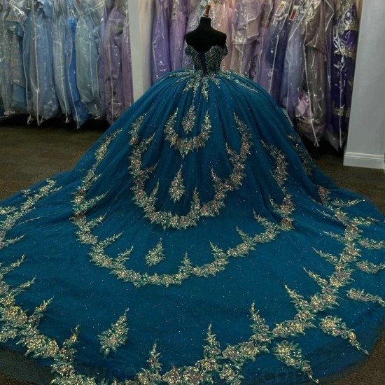 Off The Shoulder Blue Shiny Ball Gown Quinceanera Dresses Appliques Lace Beaded Sweet 16 Birthday Party Gowns