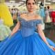 Off The Shoulder Blue Shiny Quinceanera Dress Princess Beads Crystal Tull Sweet Birthday Party Gown Sweet 16 Vestido De 15 Anos