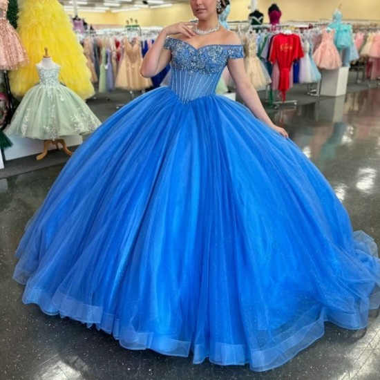 Off The Shoulder Blue Shiny Quinceanera Dress Princess Beads Crystal Tull Sweet Birthday Party Gown Sweet 16 Vestido De 15 Anos