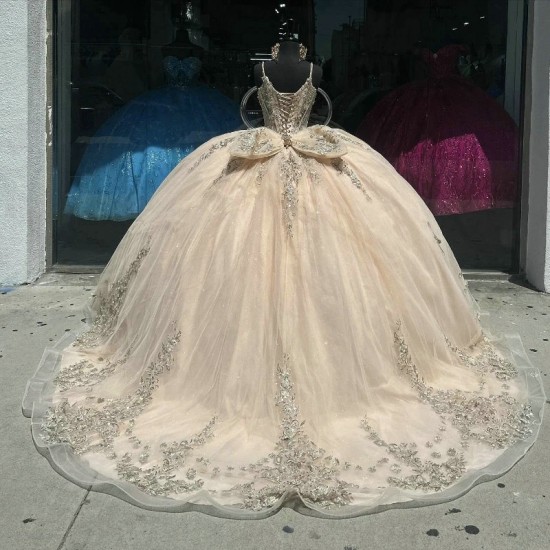 Off The Shoulder Champagne Quinceanera Dress Ball Gown Sequined Appliques Beads Birthday Dress Lace Up quinceanera de 15 anos