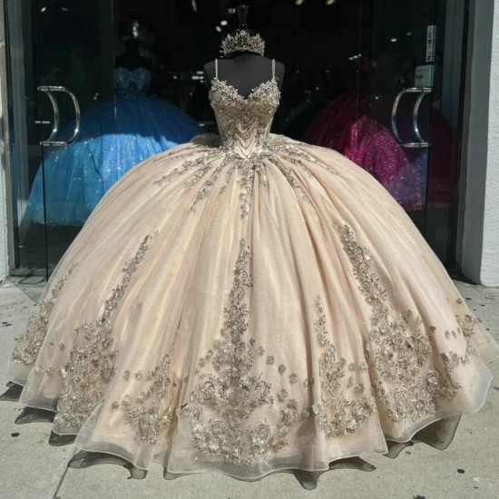 Off The Shoulder Champagne Quinceanera Dress Ball Gown Sequined Appliques Beads Birthday Dress Lace Up quinceanera de 15 anos