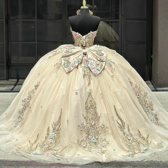 Off The Shoulder Champagne Quinceanera Dress Ball Gown Sequined Appliques Lace Beads Birthday Dress Lace Up quinceanera de 15