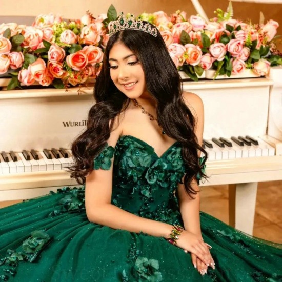 Off The Shoulder Emerald Green 3D Flowers Beads Tulle Quinceanera Dresses Ball Gown Dress Birthday Gowns Lace Up Sweet 15 16