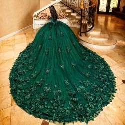 Off The Shoulder Emerald Green 3D Flowers Beads Tulle Quinceanera Dresses Ball Gown Dress Birthday Gowns Lace Up Sweet 15 16