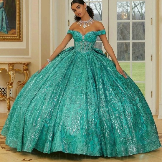 Off The Shoulder Green Glitter Crystal Sequined Quinceanera Dresses Ball Gown Beading Tull Corset Vestidos 15 De XV Anos