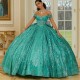 Off The Shoulder Green Glitter Crystal Sequined Quinceanera Dresses Ball Gown Beading Tull Corset Vestidos 15 De XV Anos