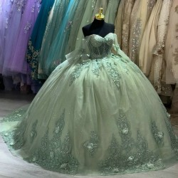 Off The Shoulder Green Princess Ball Gown Quinceanera Dress 3D Flower Appliqué Beads Tull Sweet 16 Dress Vestidos De XV 15 Anos