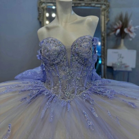 Off The Shoulder Lavender Quinceanera Dresses Ball Gown Appliques Crystal Beading Tull Champagne Lining Sweet Vestidos De 15