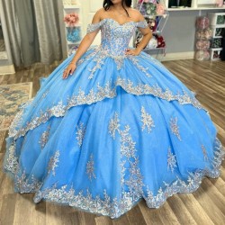 Off The Shoulder Light Blue Shiny Quinceanera Dress Ball Gown Lace Applique Beads Tull Corset Sweet 16 Vestidos De 15 Anos