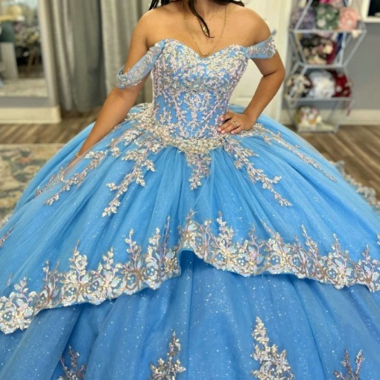 Off The Shoulder Light Blue Shiny Quinceanera Dress Ball Gown Lace Applique Beads Tull Corset Sweet 16 Vestidos De 15 Anos