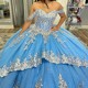 Off The Shoulder Light Blue Shiny Quinceanera Dress Ball Gown Lace Applique Beads Tull Corset Sweet 16 Vestidos De 15 Anos