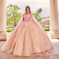 Off The Shoulder Light Pink Princess Quinceanera Dress Appliques Beading Tull Sweetheart With Cape Ball Gowns Vestidos De 15Anos