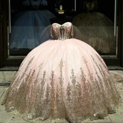 Off The Shoulder Light Pink Princess Quinceanera Dresses Ball Gown Appliques Lace Beads Crystal Sweet 16 Dresses 15 Anos