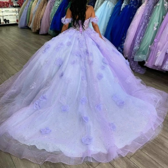 Off The Shoulder Lilac Shiny Quinceanera Dress Ball Gown Beaded Flower Tull Corset Birthday Party Sweet 16 Vestido De 15 Anos