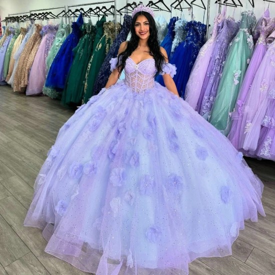 Off The Shoulder Lilac Shiny Quinceanera Dress Ball Gown Beaded Flower Tull Corset Birthday Party Sweet 16 Vestido De 15 Anos