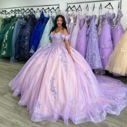 Off The Shoulder Lilac Shiny Sequined Appliques Beading Crystal Ball Gown Quinceanera Dresses Corset Vestidos De 15 Anos