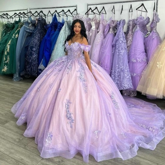 Off The Shoulder Lilac Shiny Sequined Appliques Beading Crystal Ball Gown Quinceanera Dresses Corset Vestidos De 15 Anos