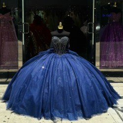 Off The Shoulder Navy Blue Shiny Princess Quinceanera Dresses Beads Crystal Bow Tull Corset Sweet 16 Dress Vestidos De 15 Anos