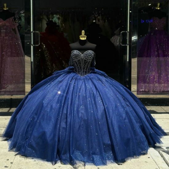 Off The Shoulder Navy Blue Shiny Princess Quinceanera Dresses Beads Crystal Bow Tull Corset Sweet 16 Dress Vestidos De 15 Anos