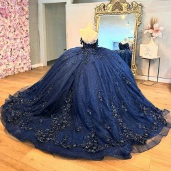 Off The Shoulder Navy Blue Shiny Quinceanera Dress Mexican Lace Beads Tull Vestidos De 15 Princess Sweet 16 Birthday XV Ball Gown