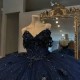 Off The Shoulder Navy Blue Shiny Quinceanera Dress Mexican Lace Beads Tull Vestidos De 15 Princess Sweet 16 Birthday XV Ball Gown