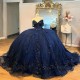 Off The Shoulder Navy Blue Shiny Quinceanera Dress Mexican Lace Beads Tull Vestidos De 15 Princess Sweet 16 Birthday XV Ball Gown