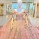 Off The Shoulder Pink Glitter Quinceanera Ball Gown Sequins Gold Applique Lace Beads Crystal Prom Dresses Sweet 16 Dress Vestido