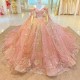 Off The Shoulder Pink Glitter Quinceanera Ball Gown Sequins Gold Applique Lace Beads Crystal Prom Dresses Sweet 16 Dress Vestido