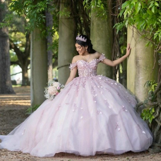 Off The Shoulder Pink Princess Quinceanera Dresses 2024 Lace Beaded Crystal Tull Birthday Ball Gown Sweet 15 16 Vestidos 15 Anos