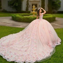 Off The Shoulder Pink Princess Quinceanera Dresses Ball Gown Applique Lace Beads Tull Corset Sweet 16 Vestidos 15 De XV Anos