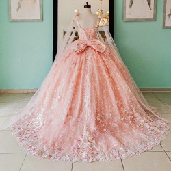 Off The Shoulder Pink Quinceanera Dress Ball Gown Lace Applique Beaded With Cape Corset Sweet 16 Vestido De 15 Anos