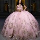 Sequined Off The Shoulder Pink Quinceanera Dress Ball Gown Gold Appliques Beads Birthday Dress Lace Up quinceanera de 15 anos