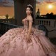 Off The Shoulder Pink Quinceanera Dress Ball Gown Sequins Applique Beaded Crystals Applique Lace Tull Mexico Sweet 16 Vestidos