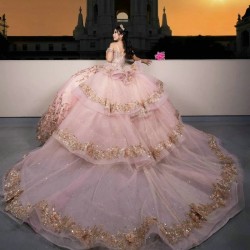 Off The Shoulder Pink Quinceanera Dress Ball Gown Sequins Applique Beaded Crystals Applique Lace Tull Mexico Sweet 16 Vestidos