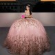 Off The Shoulder Pink Quinceanera Dress Ball Gown Sequins Applique Beaded Crystals Applique Lace Tull Mexico Sweet 16 Vestidos