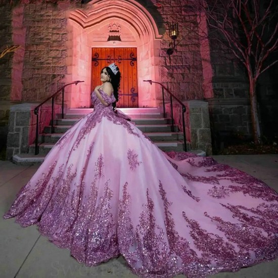 Off The Shoulder Lilac Shiny Bow Ball Gown Quinceanera Dresses Sequined Appliques Lace Pleat Tull Corset Sweet 15 Vestidos