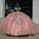 Off The Shoulder Pink Shiny Quinceanera Dress Ball Gown Applique Lace Beads Tull Sweet Sequins Bridal Sweet 16 Vestidos 15 De