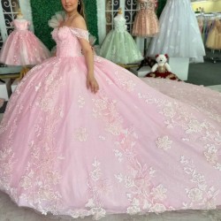 Off The Shoulder Pink Shiny Quinceanera Dress Ball Gown Lace Appliques Tull Birthday Party Sweet 16 Vestidos De 15 Anos