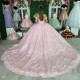 Off The Shoulder Pink Shiny Quinceanera Dress Ball Gown Lace Appliques Tull Birthday Party Sweet 16 Vestidos De 15 Anos