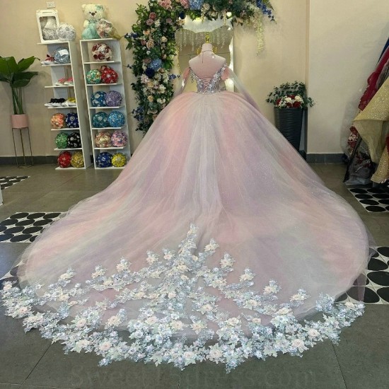 Off The Shoulder Pink Shiny Quinceanera Dresses Ball Gown Appliques Lace Ceads Tull Birthday Party Vestido De 15 Anos Sweet 16