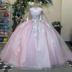 Off The Shoulder Pink Shiny Quinceanera Dresses Ball Gown Appliques Lace Ceads Tull Birthday Party Vestido De 15 Anos Sweet 16