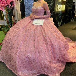 Off The Shoulder Pink Sparkly Quinceanera Dresses Ball Gown Crystal Beading Lace Tull Corset For Sweet 16 Girls Vestidos De 15