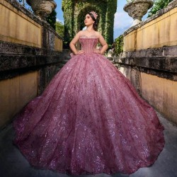 Off The Shoulder Lilac Sweetheart Quinceanera Dresses Ball Gown Tulle Lace Beads Crystal Puffy Mexican Sweet 16 Vestido De 15 Anos