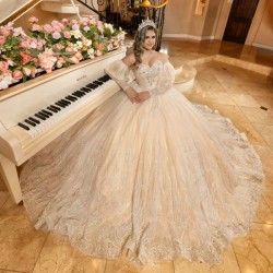 Off The Shoulder Puff Sleeve Champagne Quinceanera Dresses Ball Gown Beading Crystal Tull Corset Sweet 16 Vestidos Para XV Anos