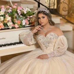 Off The Shoulder Puff Sleeve Champagne Quinceanera Dresses Ball Gown Beading Crystal Tull Corset Sweet 16 Vestidos Para XV Anos