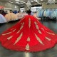 Off The Shoulder Red Ball Gown Quinceanera Dresses Gold Appliques Lace Beads Tull With Cape Ruffles Corset Vestidos De 15 Anos