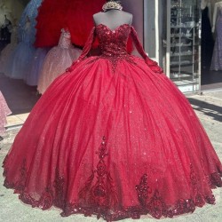 Off The Shoulder Red Glitter Ball Gown Quinceanera Dresses Applique Lace Tull Long Sleeved Corset Birthday Party Prom Vestidos