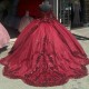 Off The Shoulder Red Glitter Ball Gown Quinceanera Dresses Applique Lace Tull Long Sleeved Corset Birthday Party Prom Vestidos